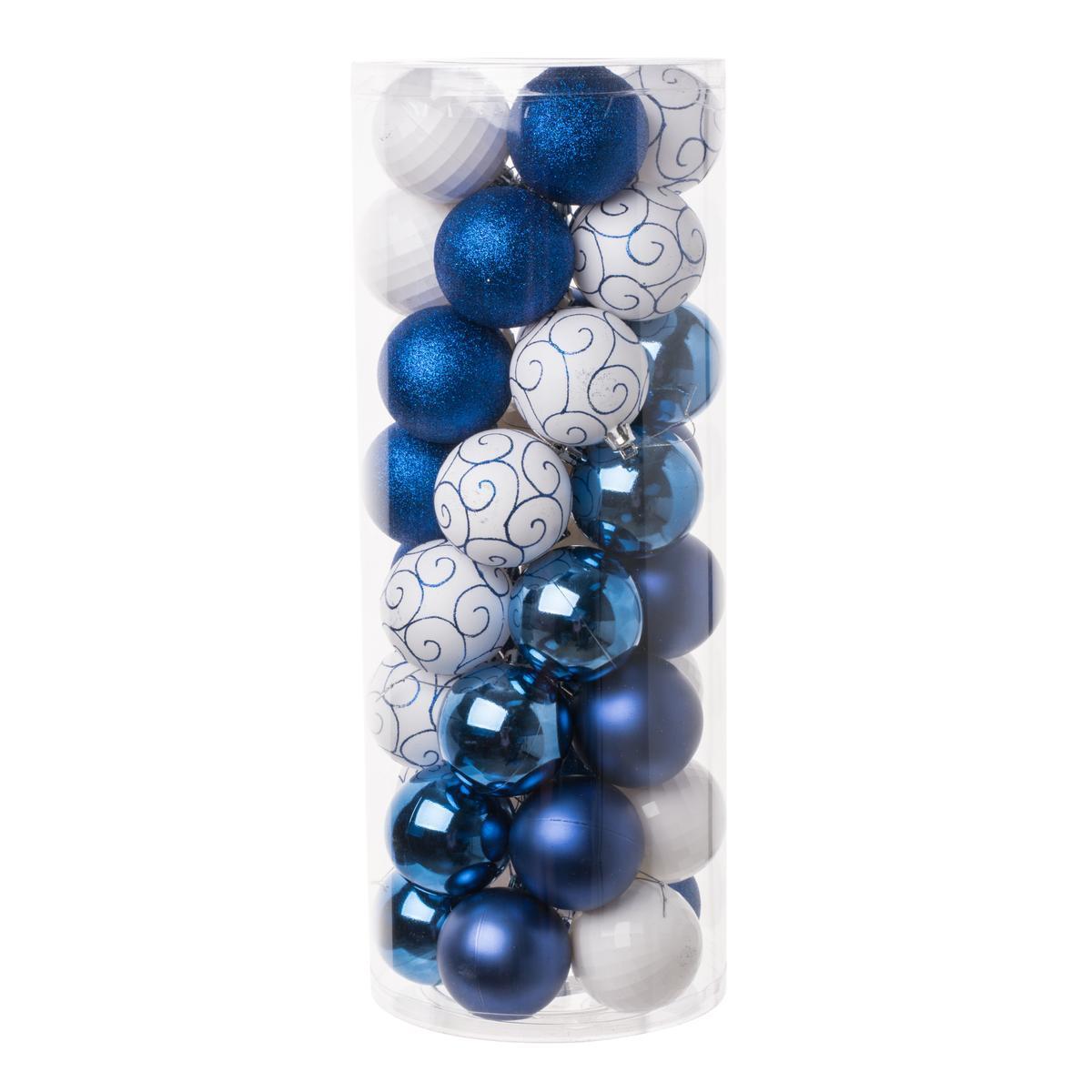 40 boules de Noël en tube - ø 6 cm (la boule) - Bleu, blanc