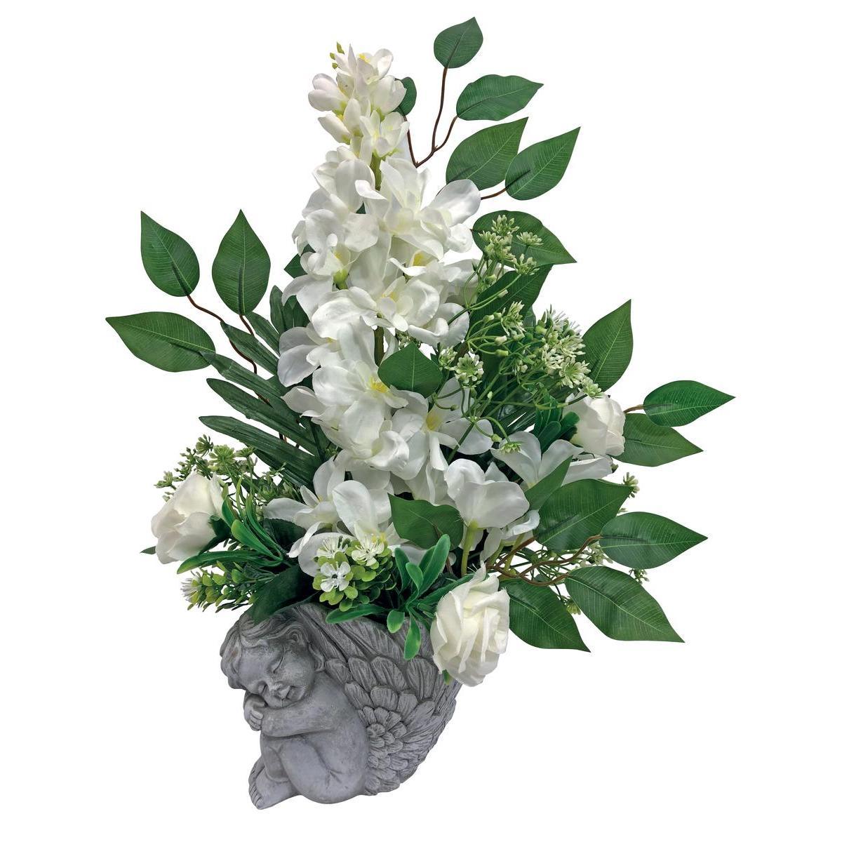 Pot angelot composition de delphiniums et roses synthétiques - H 43 cm - Différents coloris - Violet, vert, rose, blanc