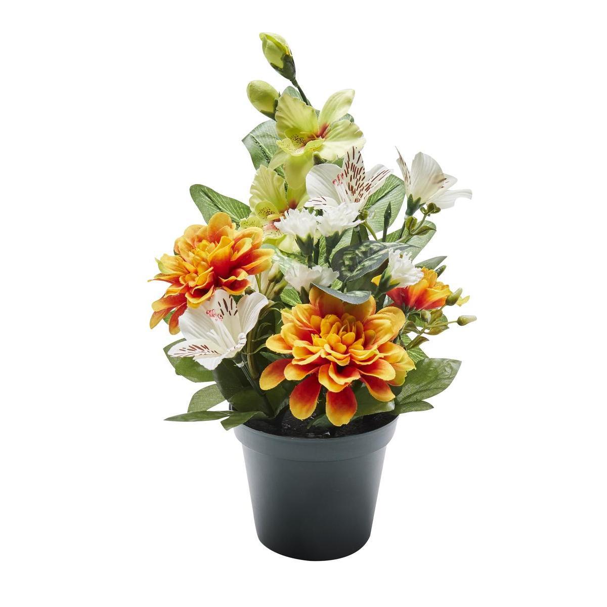 Potée d'Orchidées et zinnias synthétiques - ø 10 x H 28 cm - Orange, vert, blanc