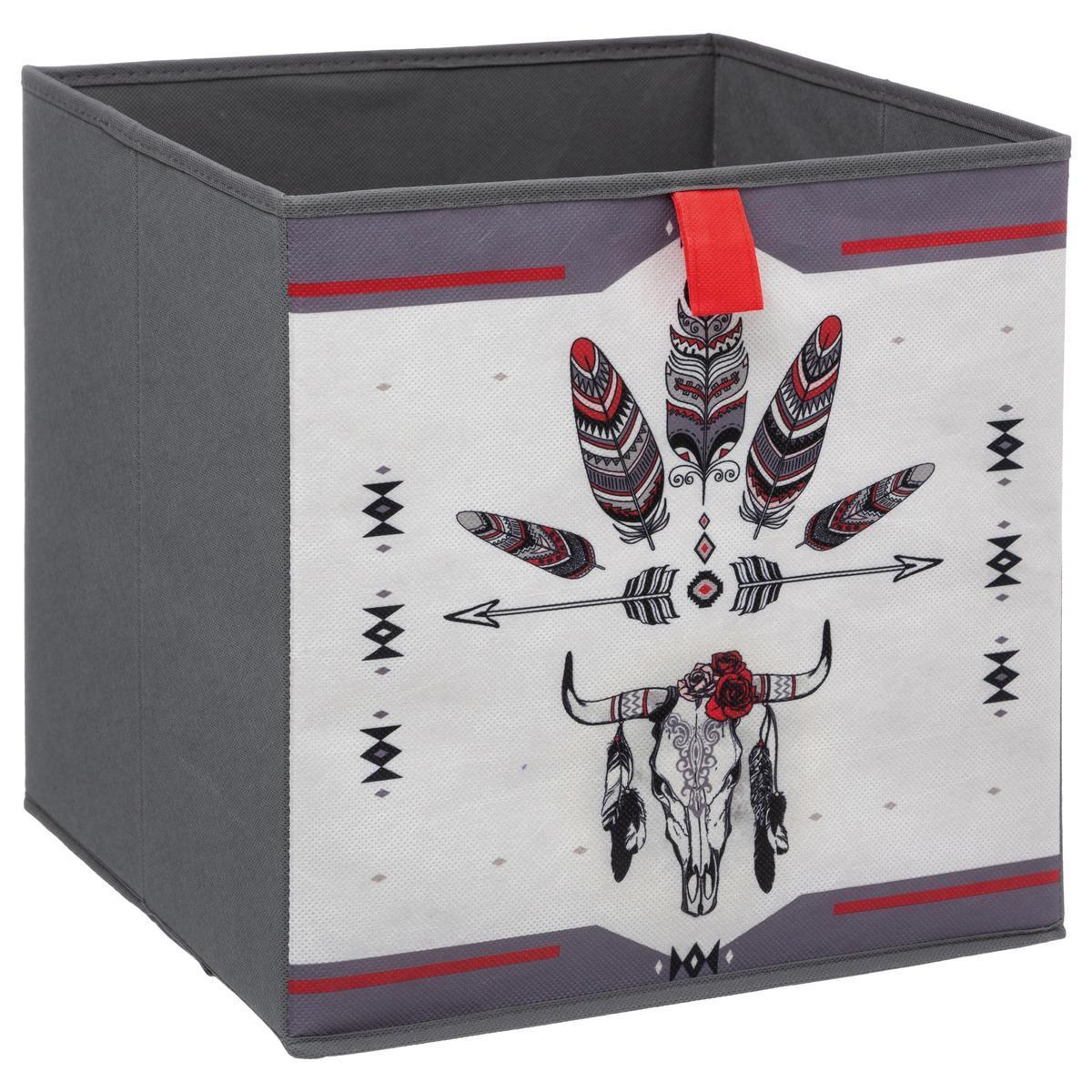 Cube de rangement Amérindien - 31 x 31 cm - Rouge, gris