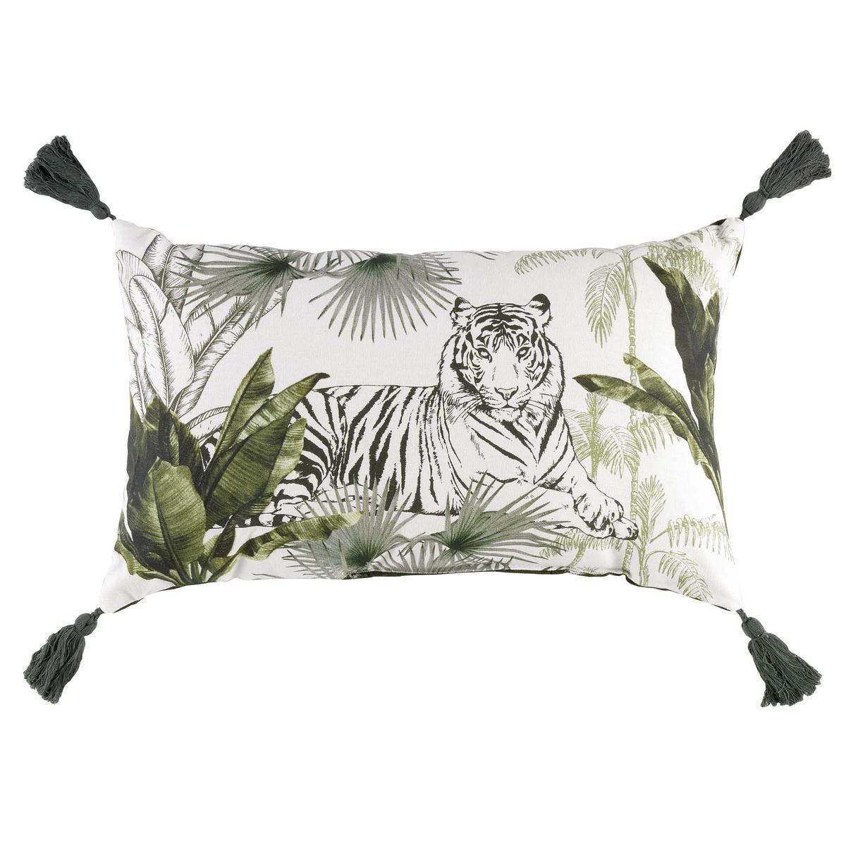 Coussin imprimé à pompons Jungle équatoriale - L 50 x l 30 cm - Différents modèles - Vert, noir, blanc