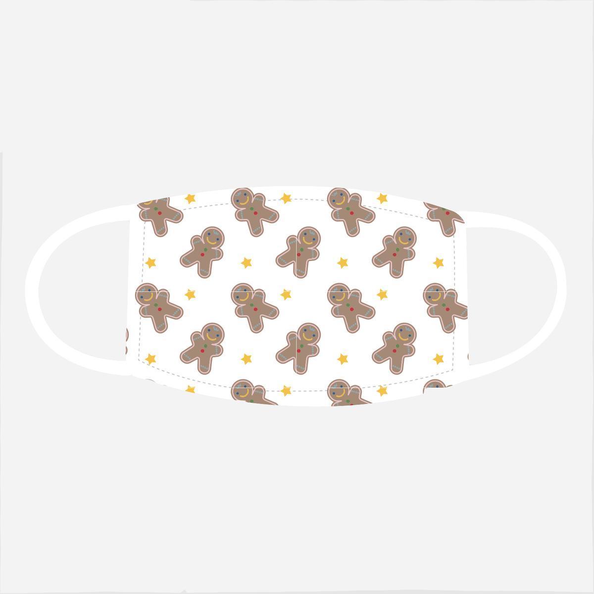 Masque barrière enfant en tissu motif Bonhommes de pain d'épice - 17 x 7 cm - Marron, blanc