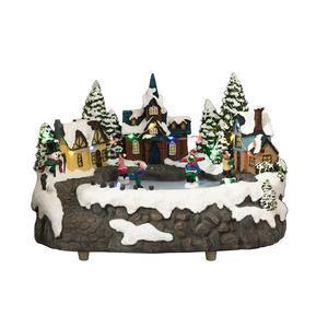 Scène de Noël animée & lumineuse Patinage sur la place gelée - Déco de village - L 24 x H 15.5 x l 16 cm - Multicolore