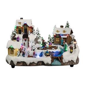 Scène de Noël animée & lumineuse Station de Ski - Déco de village - L 32 x H 20.5 x l 20 cm - Multicolore