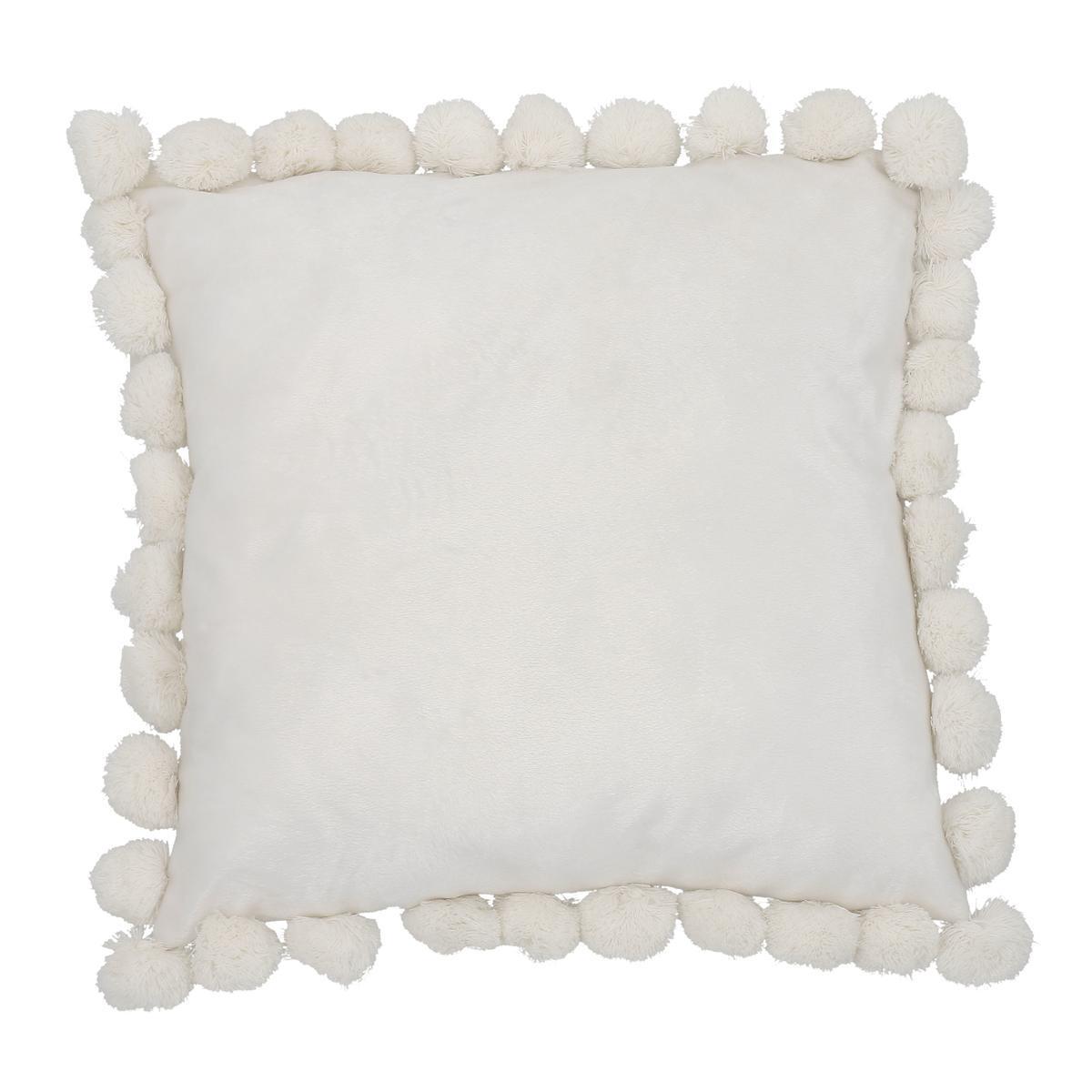 Coussin à pompons imitation velours - L 40 x l 40 cm - Blanc