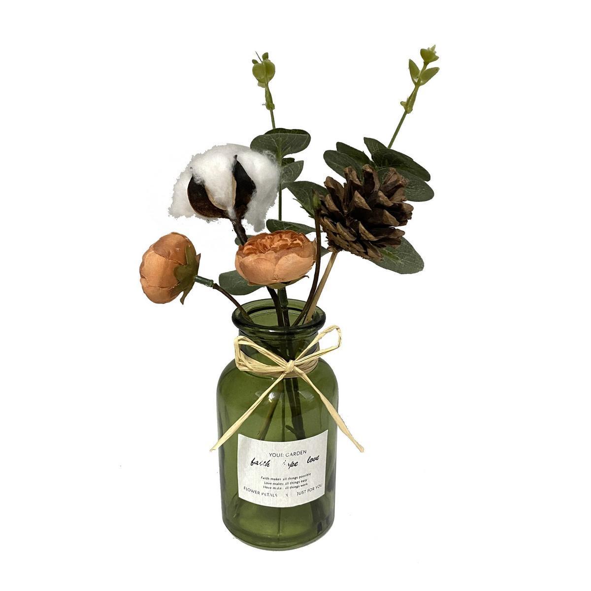 Vase bouteille + fleurs artificielles - ø 6.5 x H 27 cm - Différents modèles - Vert - K.KOON