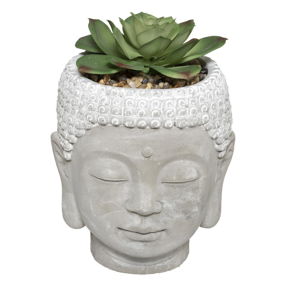 Pot Bouddha + plante artificielle - H 13.5 cm - Gris, vert