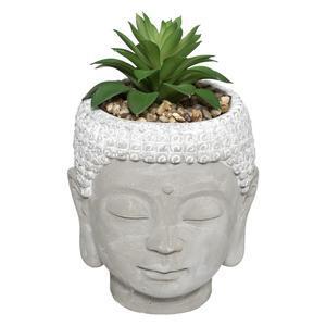 Pot Bouddha + plante artificielle - H 13.5 cm - Gris, vert