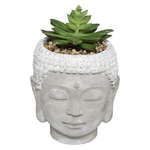 Pot Bouddha + plante artificielle - H 13.5 cm - Gris, vert