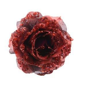 Rose pailletée, perles et sequins sur clip - Ø 14 cm - Rouge foncé