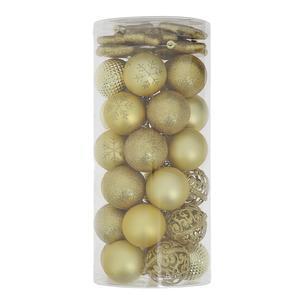 Tube de 30 boules de Noël assorties + 8 étoiles pailletées - Or