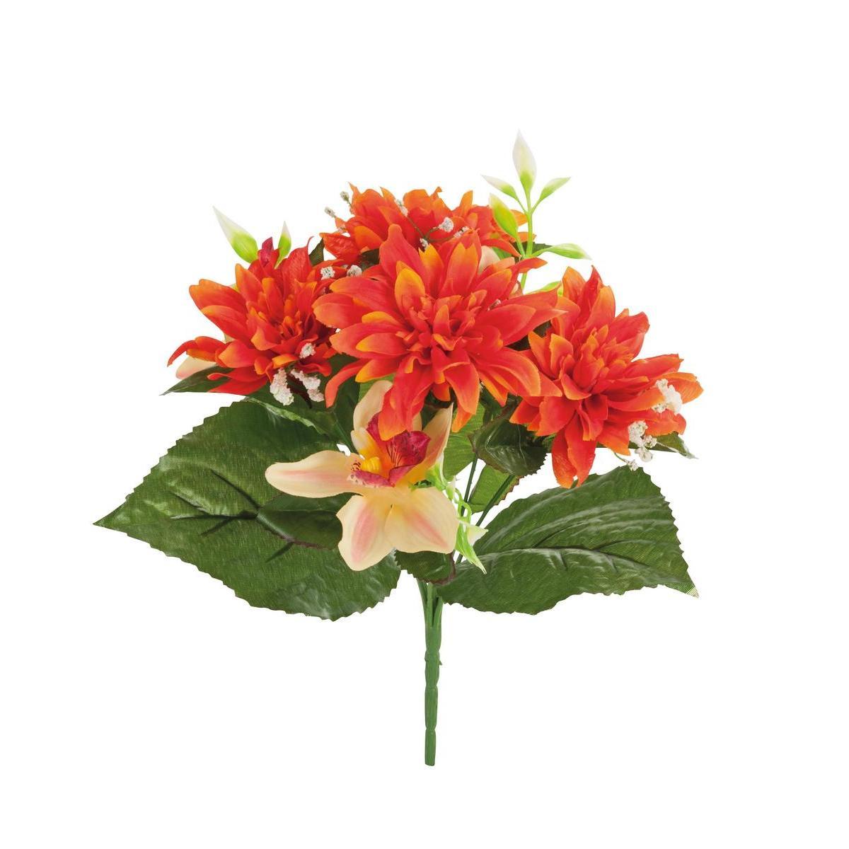 Bouquet de 7 dahlias et orchidées - Polyester - H 28 cm - Différents coloris