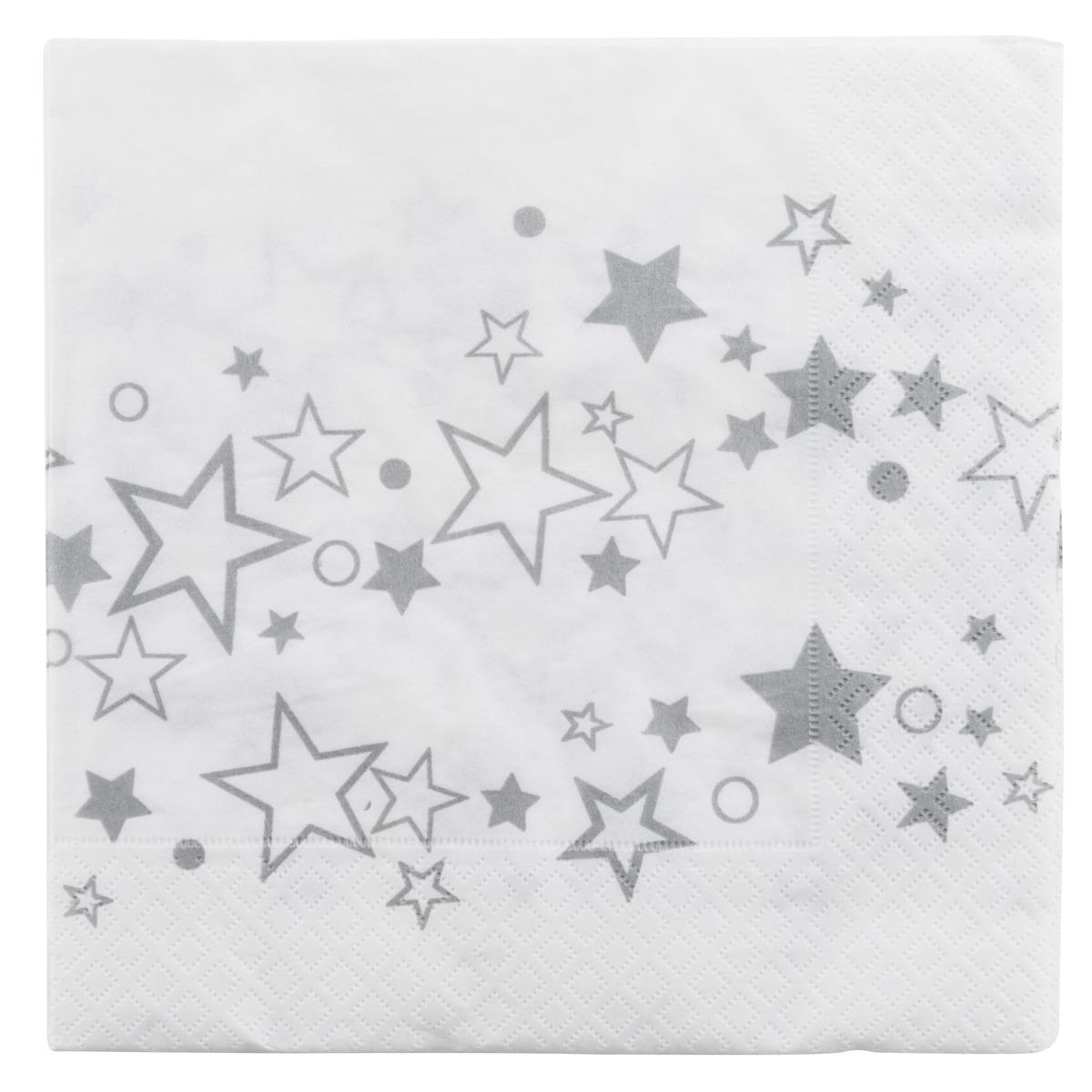 Lot de 20 serviettes en papier 3 plis motif étoiles - 33 x 33 cm - Blanc, Gris argenté