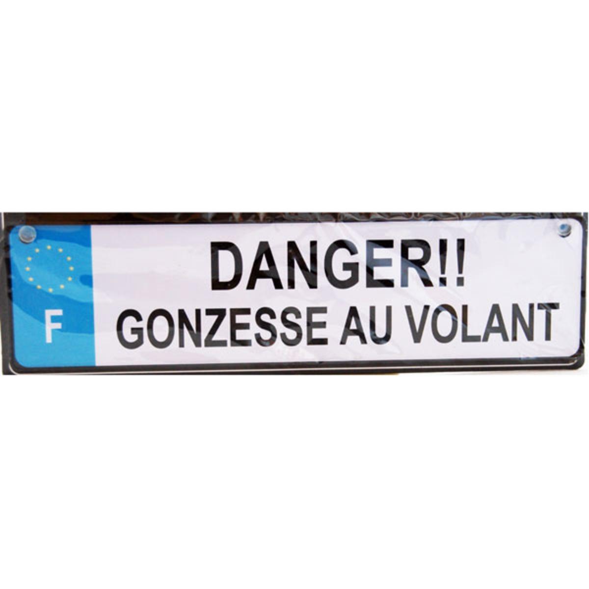 Plaque auto minéralogique en métal Danger gonzesse au volant - 28 x 7 cm - Blanc