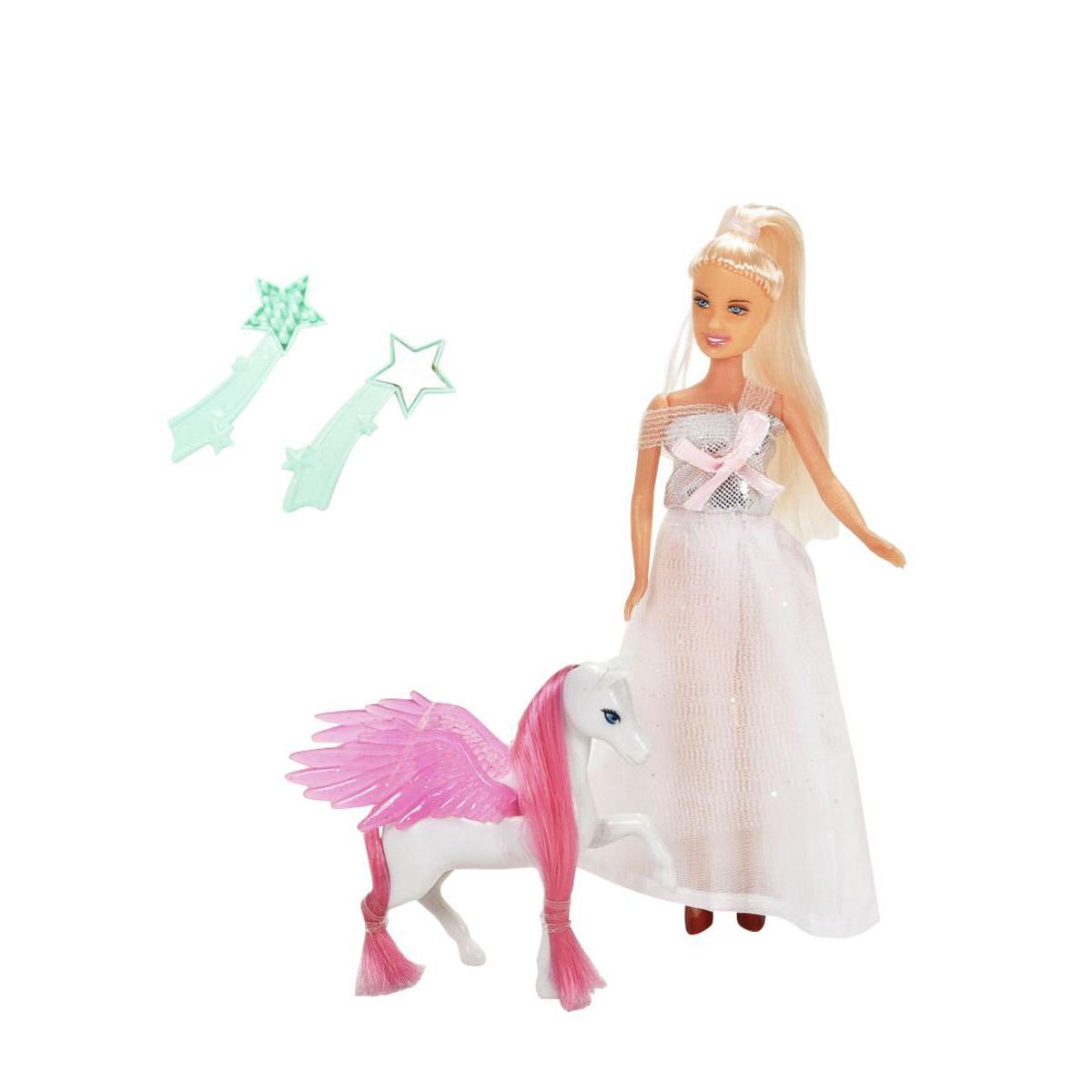 Princesse + cheval + accessoires en PVC et polyester - 24 x 17 x 4 cm - Rose, Blanc