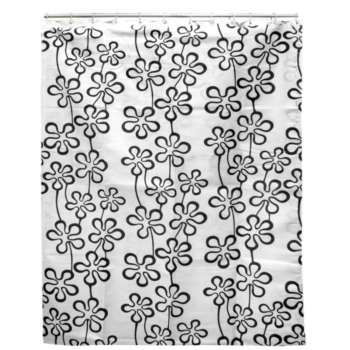 Rideau de douche fleurs noires en polyester - 180 x 200 cm - Blanc, noir, gris