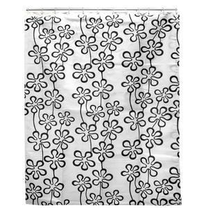 Rideau de douche fleurs noires en polyester - 180 x 200 cm - Blanc, noir, gris