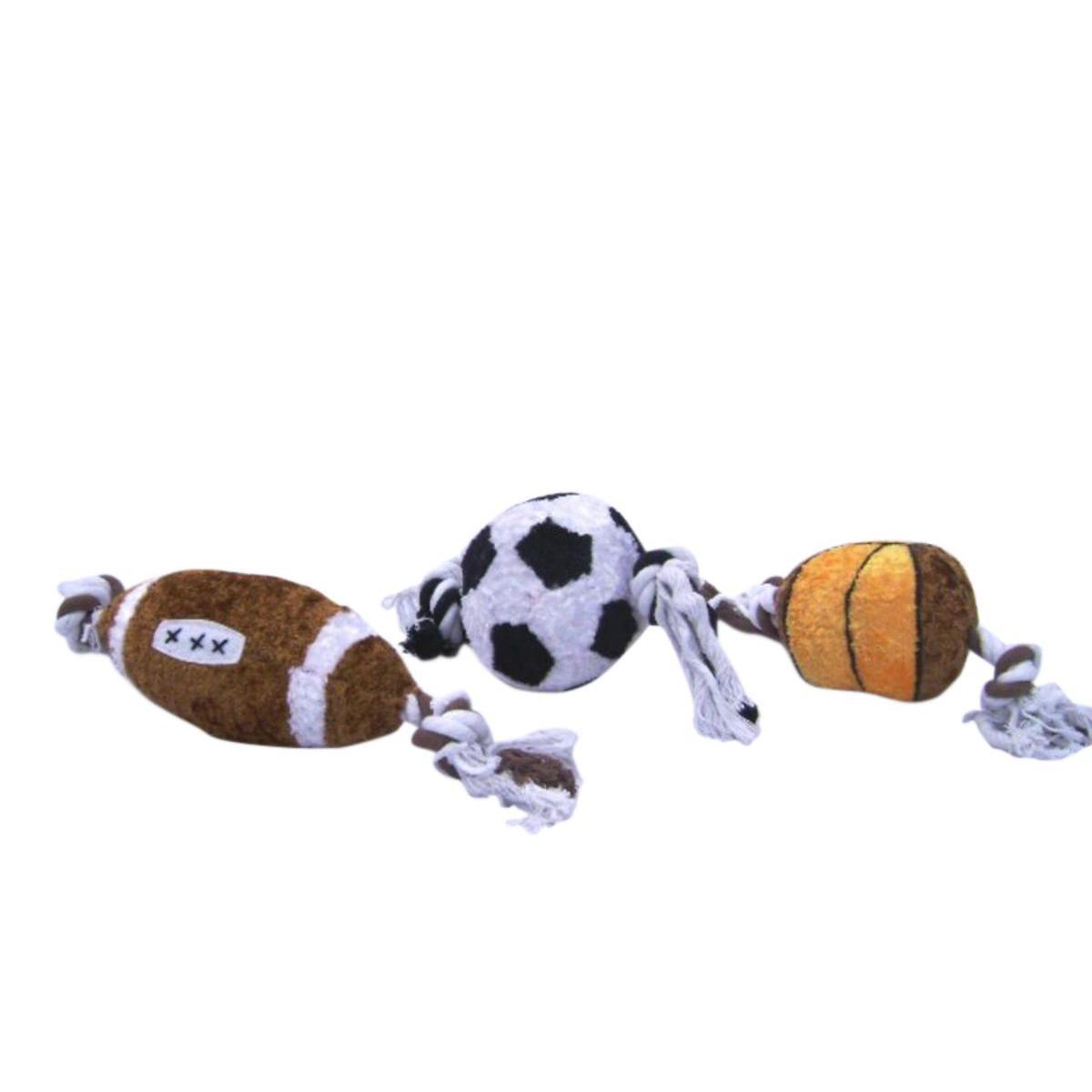 Jouet en peluche sport avec corde - Tissu et coton - 22 x 9 cm - Marron, noir, blanc ou orange