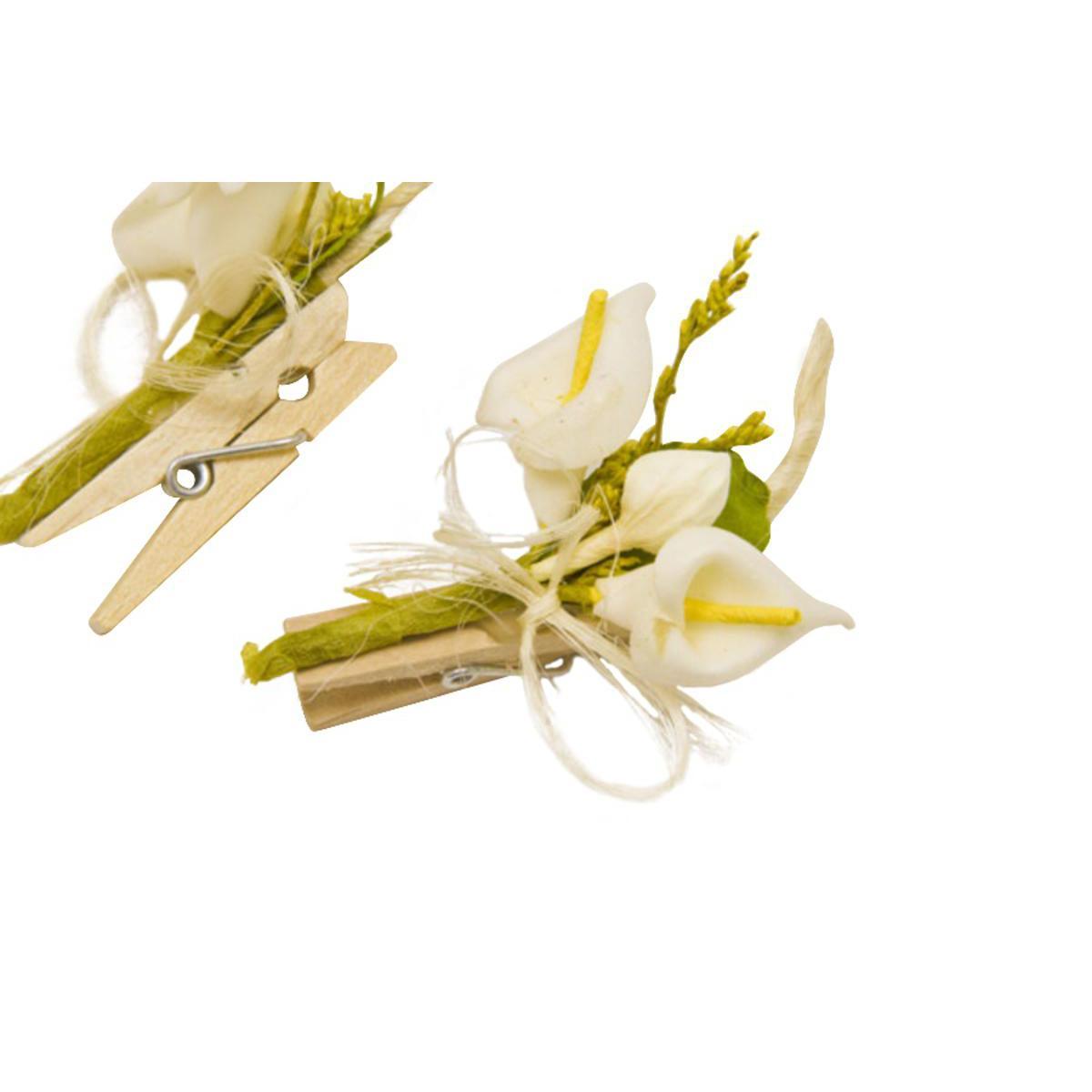 Lot de 6 bouquets d'arums sur pince - Polyester - 5 cm - Blanc ivoire