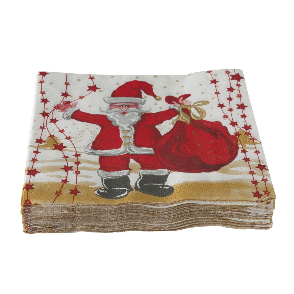 Lot de 20 serviettes en papier motif père Noël - 33 x 33 cm - Rouge, Blanc