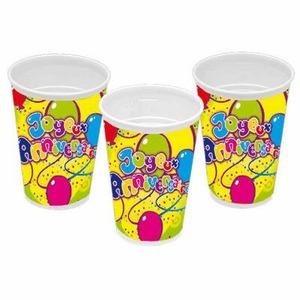 Lot de 8 gobelets Joyeux anniversaire en carton et film PE - 25 cl - Multicolore