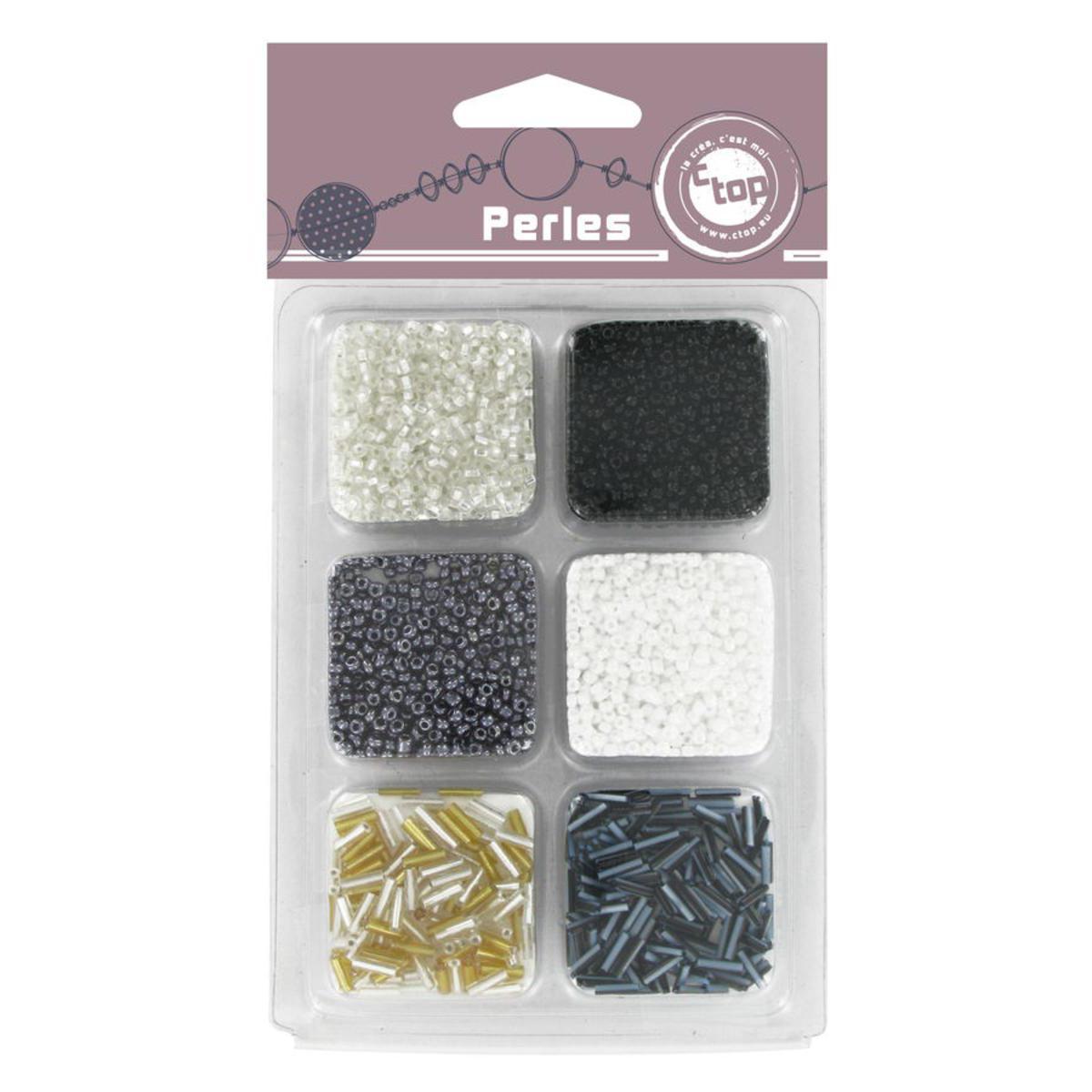 Assortiment perles de rocailles - Plastique - 9 x 2 x 15,5 cm - Noir et blanc