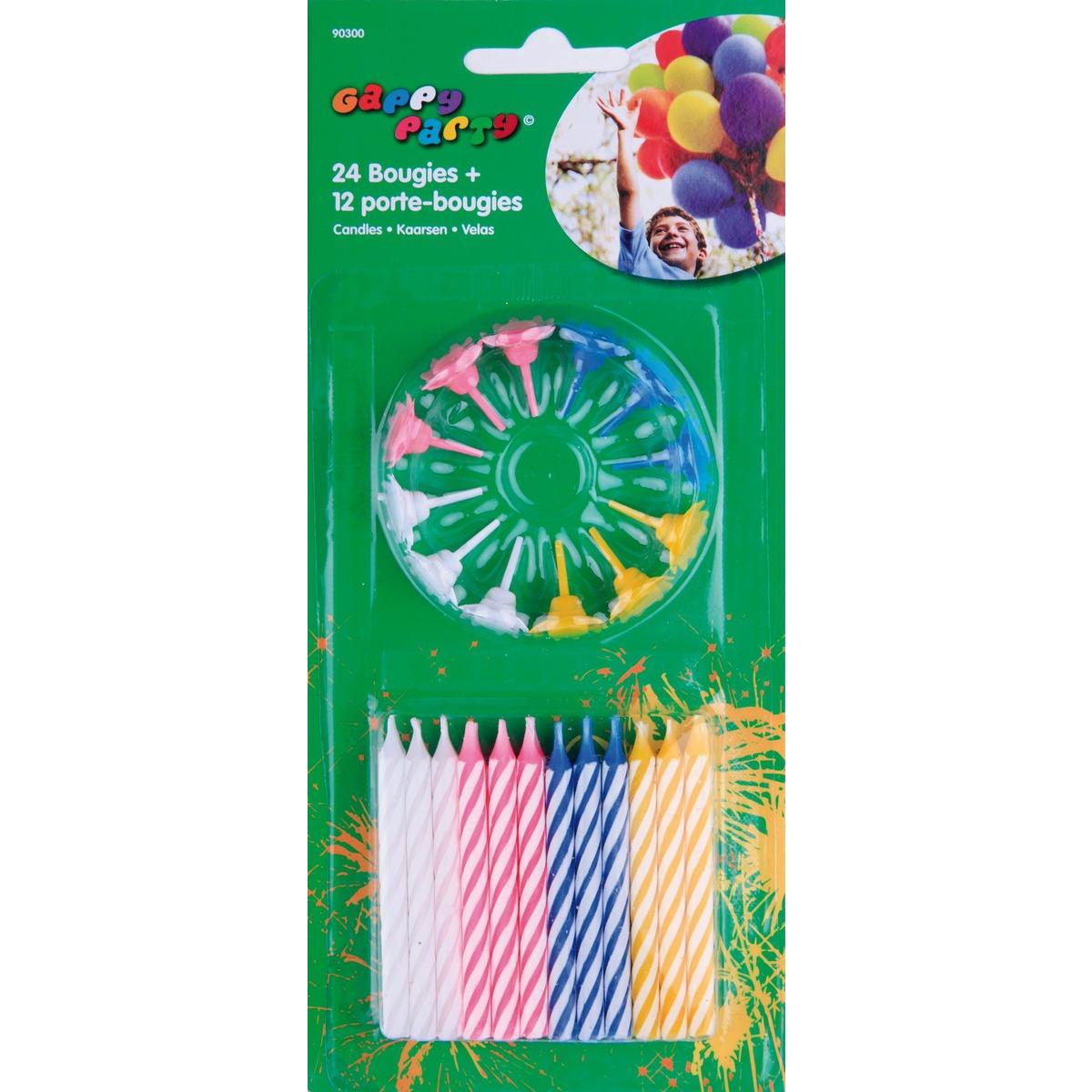 Lot de 24 bougies anniversaire + 12 porte-bougies en cire -0,4 cmx H 6 cm / Porte-bougie Diamètre 0,15 x H 0,2 cm - Multicolore