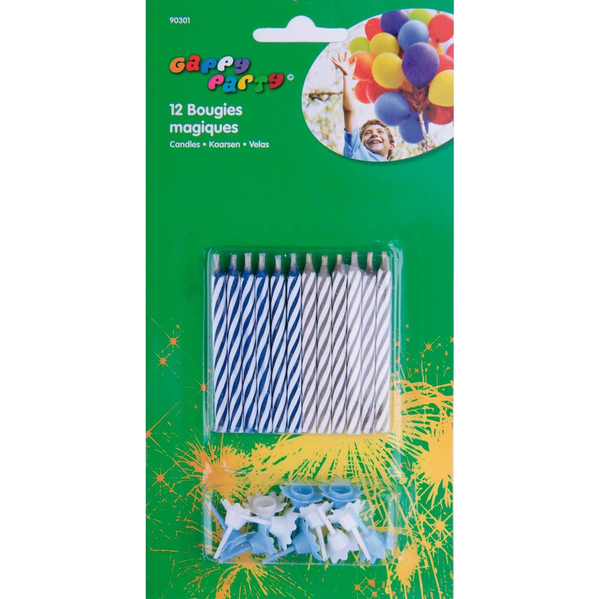 Lot de 12 bougies magiques en cire - 0,4 x H 6 cm / Porte-bougie Diamètre 0,15 x H 0,2 cm - Multicolore