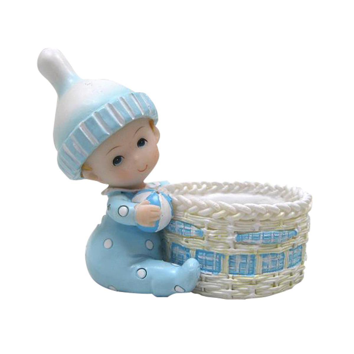 Bonbonnière panier rond bébé garçon - Résine - 9 x 5 x 7,5 cm - Bleu ciel
