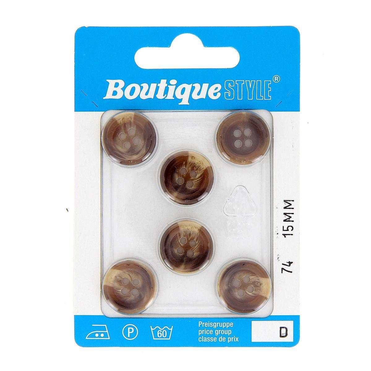 6 boutons - Plastique - Ø 15 mm - Marron