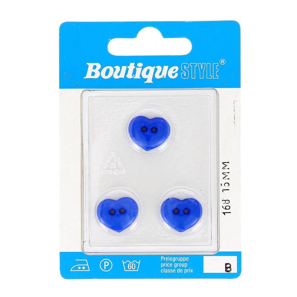 3 boutons coeurs - Plastique - Ø 15 mm - Bleu