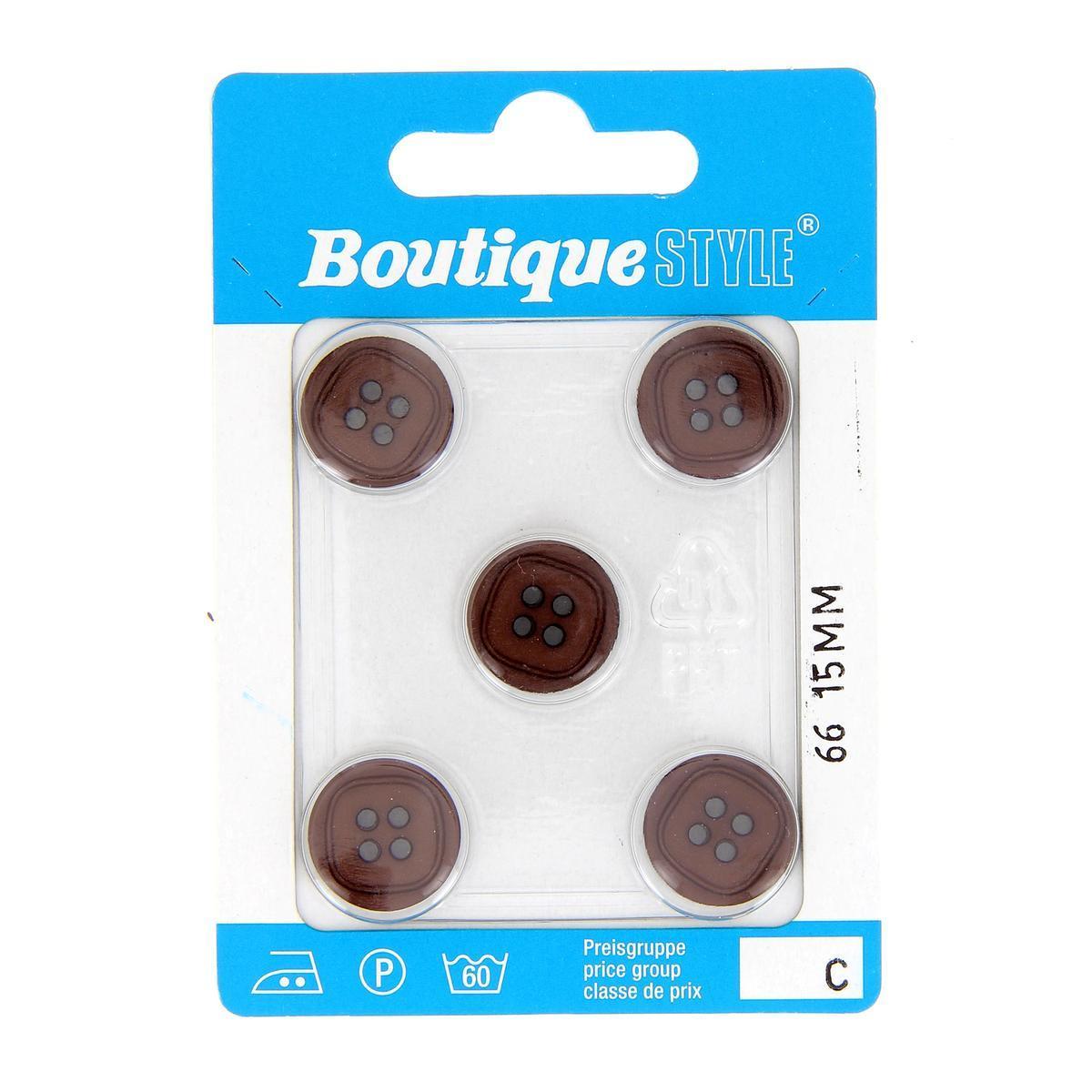 5 boutons - Plastique - Ø 15 mm - Marron