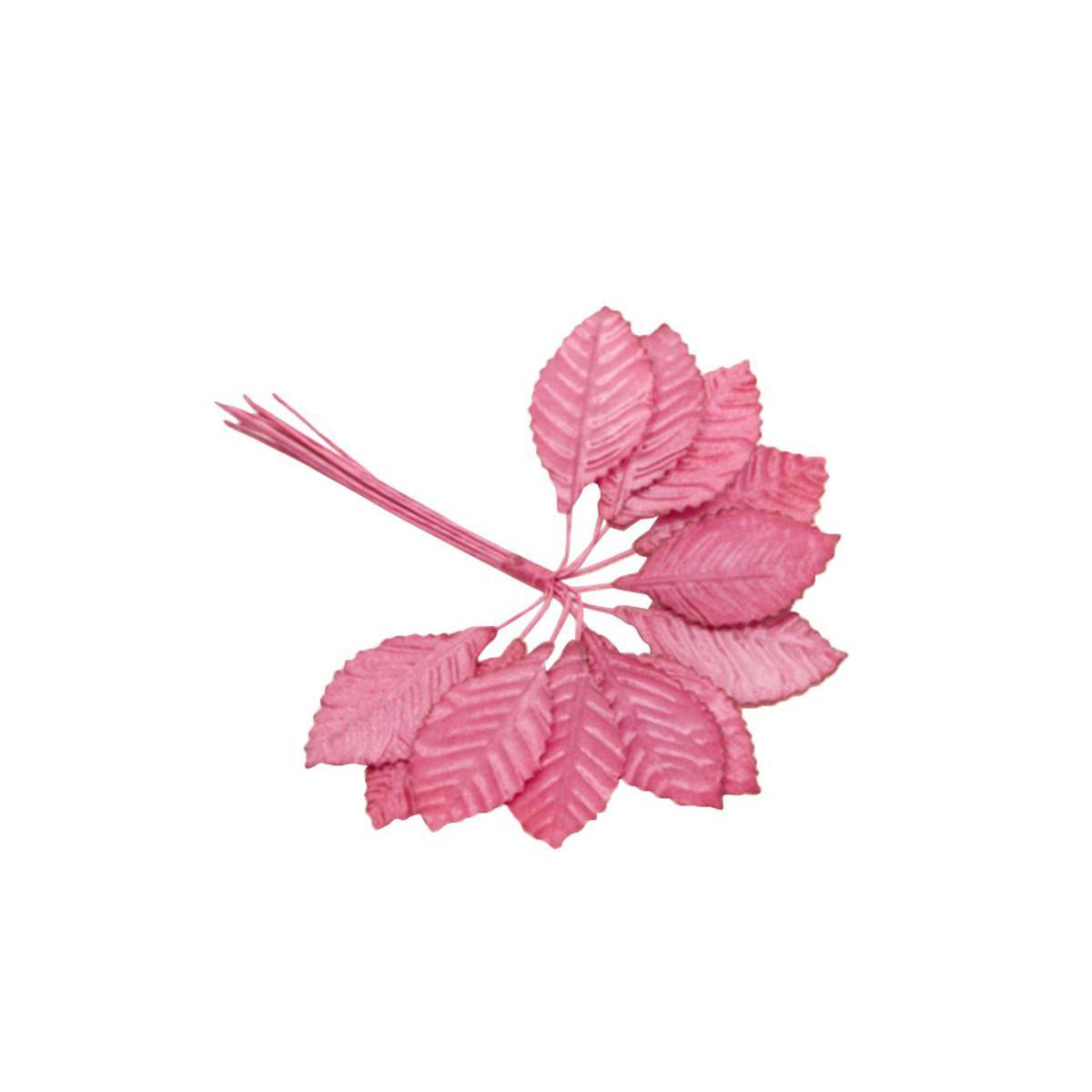 Lot de 36 feuilles végétales - Tissu - 4 x 2,5 cm - Rose fushia
