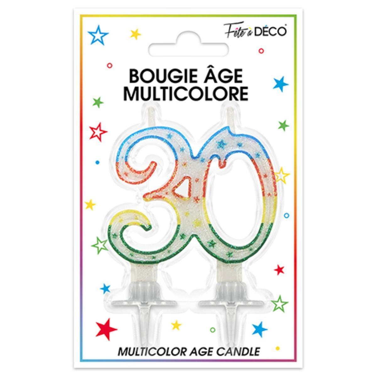 Bougie pailletée Spécial 30 ans avec languettes - 8 cm - Multicolore
