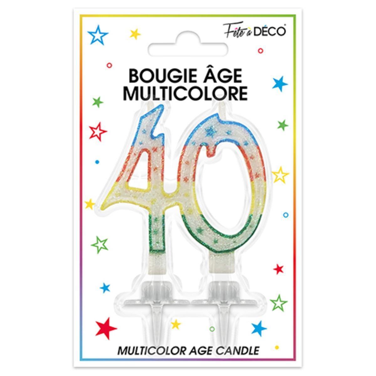 Bougie pailletée Spécial 40 ans avec languettes - 8 cm - Multicolore