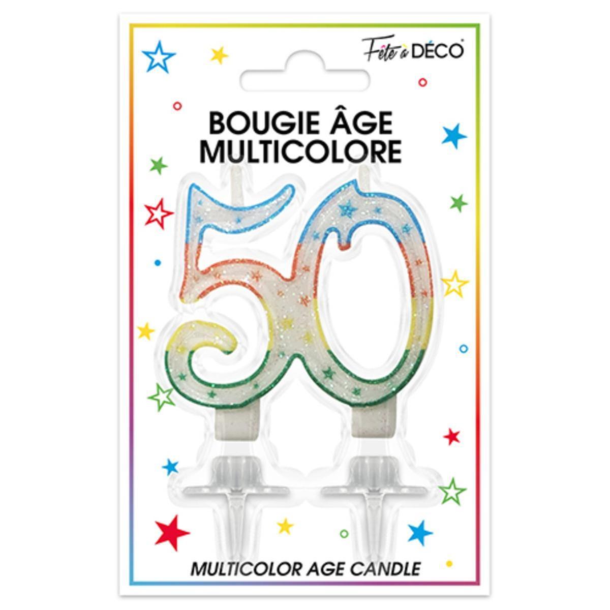 Bougie pailletée Spécial 50 ans avec languettes - 8 cm - Multicolore