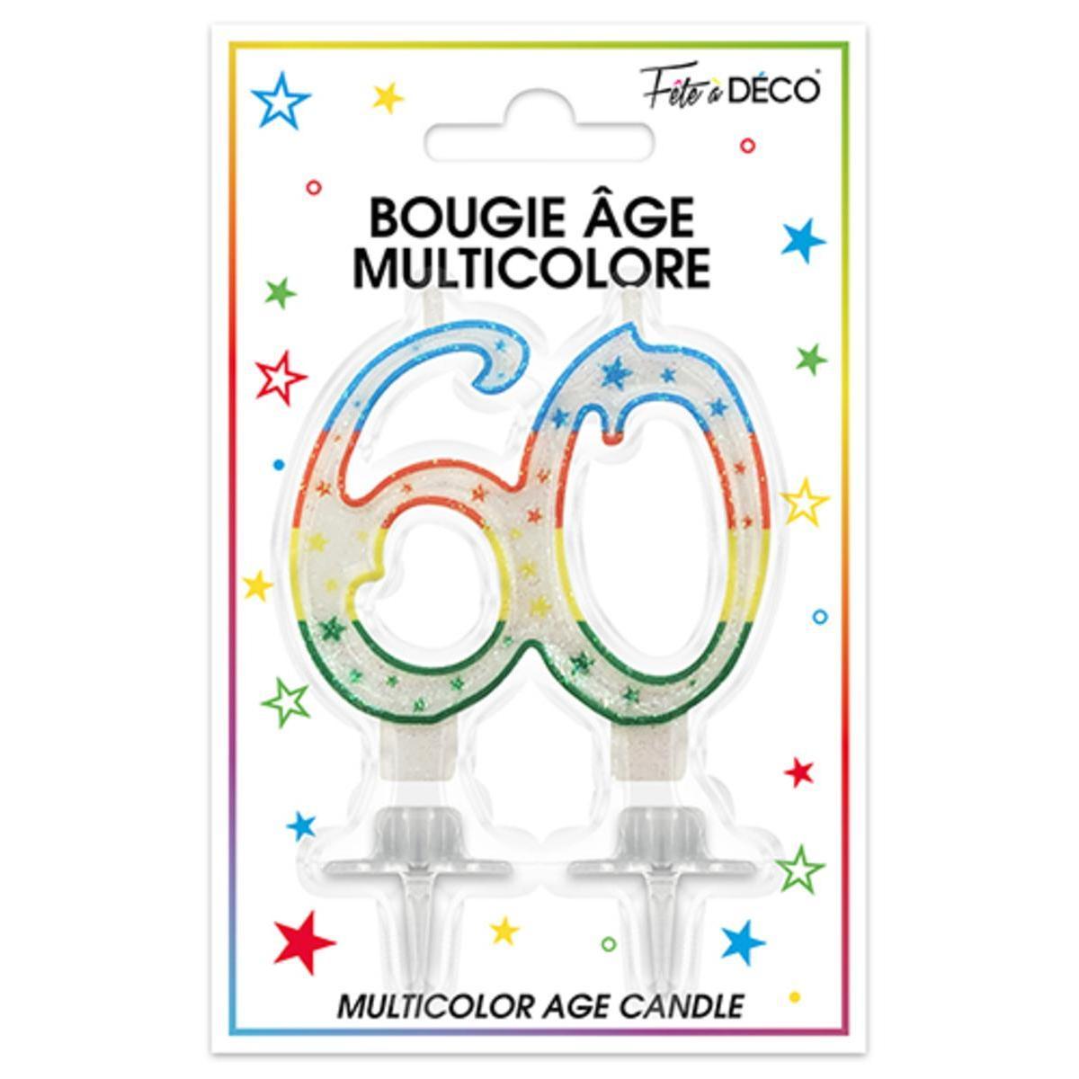 Bougie pailletée Spécial 60 ans avec languettes - 8 cm - Multicolore