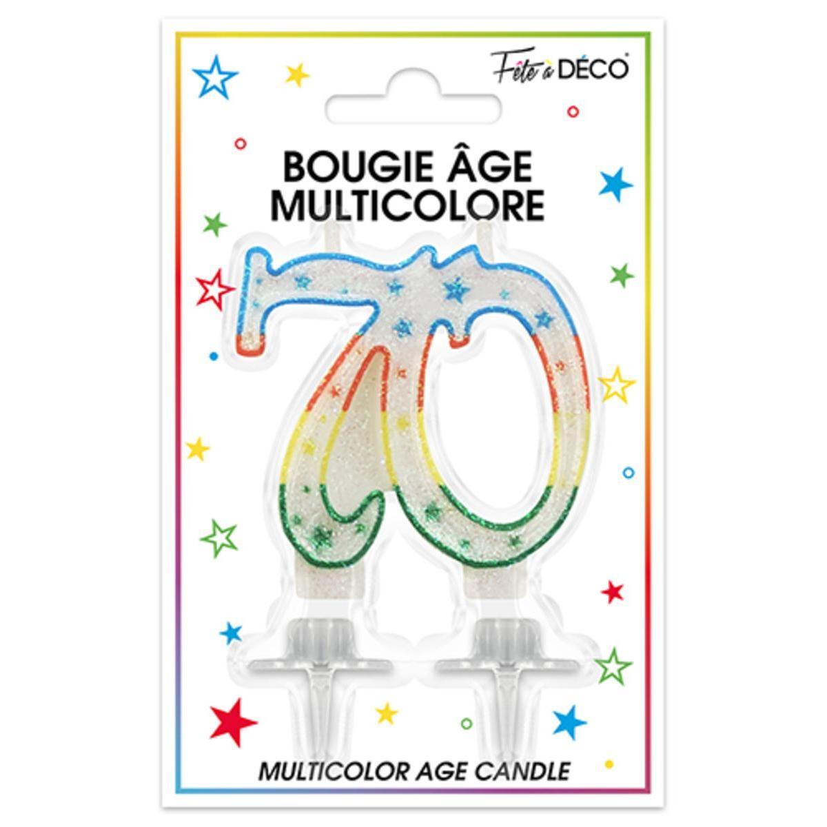 Bougie pailletée Spécial 70 ans avec languettes - 8 cm - Multicolore