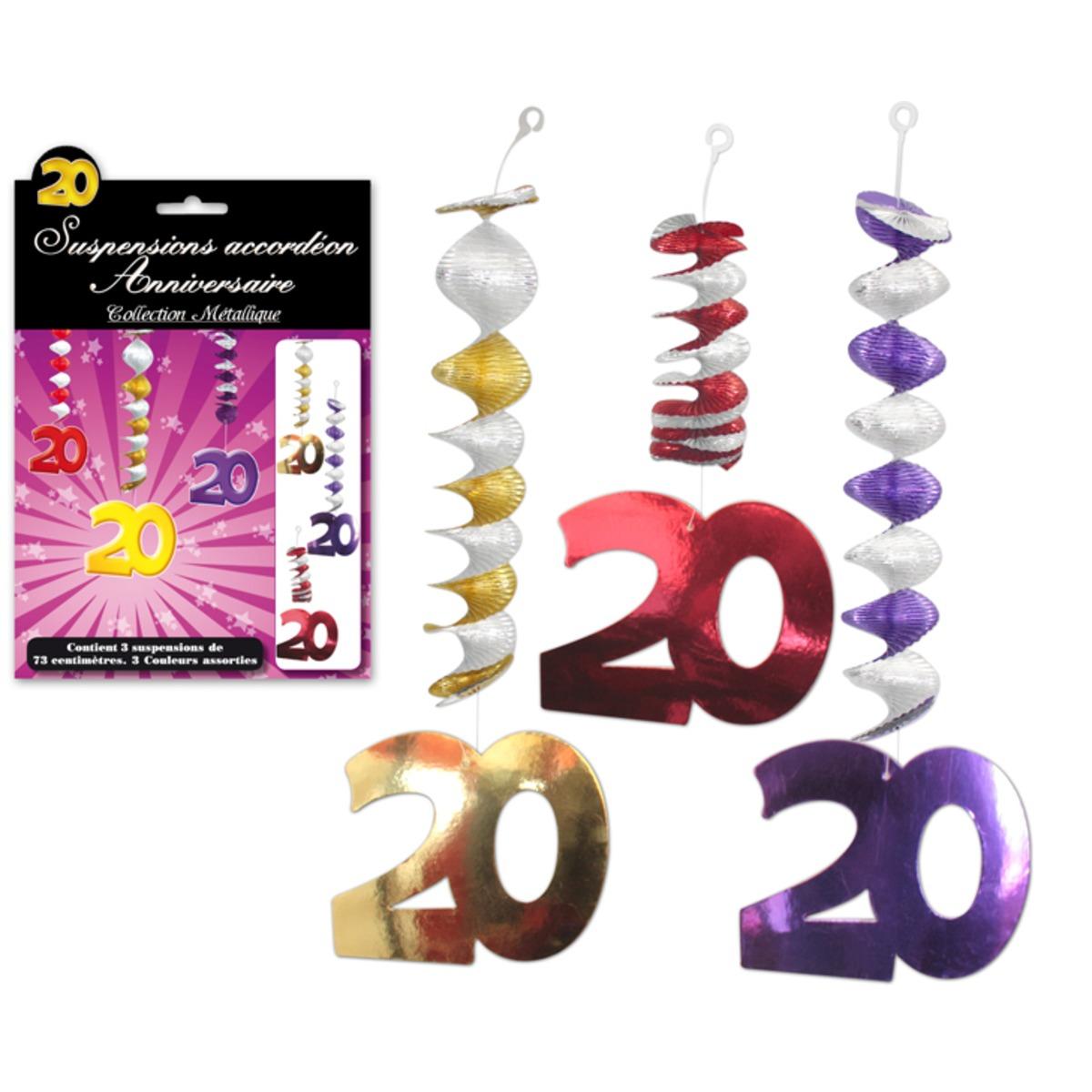 Lot de 3 suspensions accordéon Anniversaire 20 ans - 73 cm - Multicolore