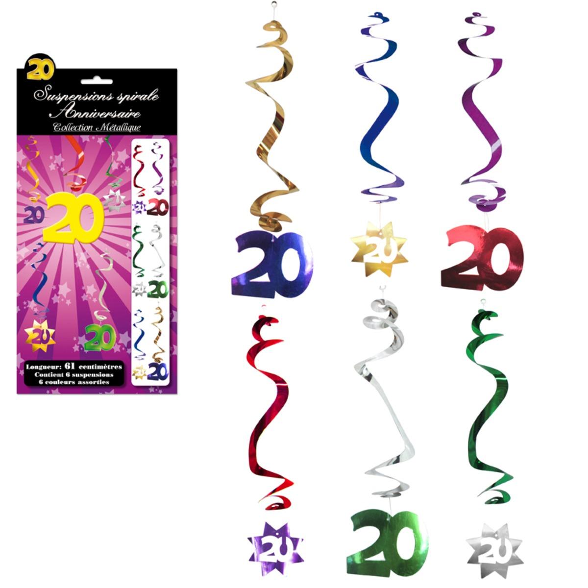 Lot de 6 suspensions spirales Anniversaire 20 ans - 61 cm - Multicolore