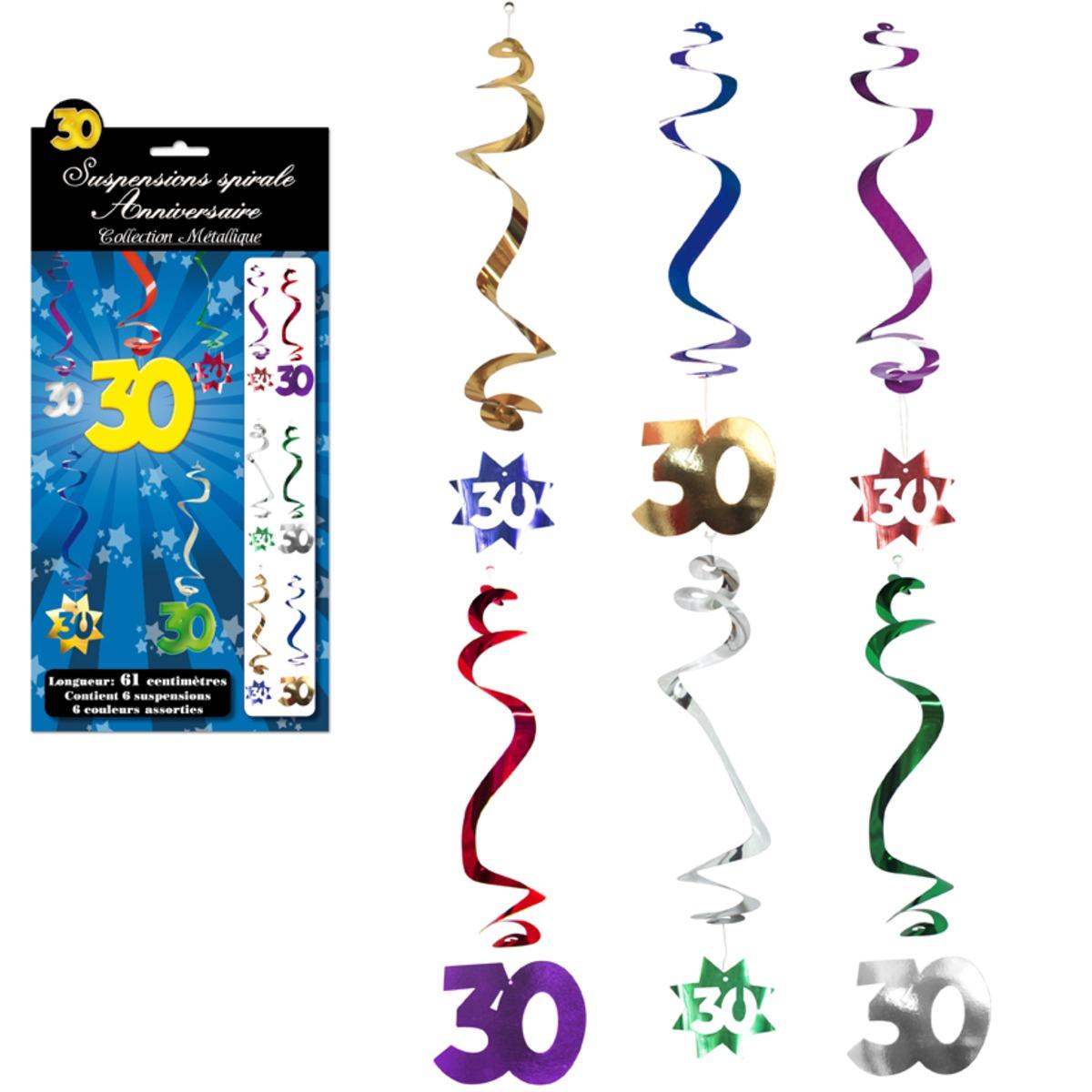 Lot de 6 suspensions spirales Anniversaire 30 ans - 61 cm - Multicolore