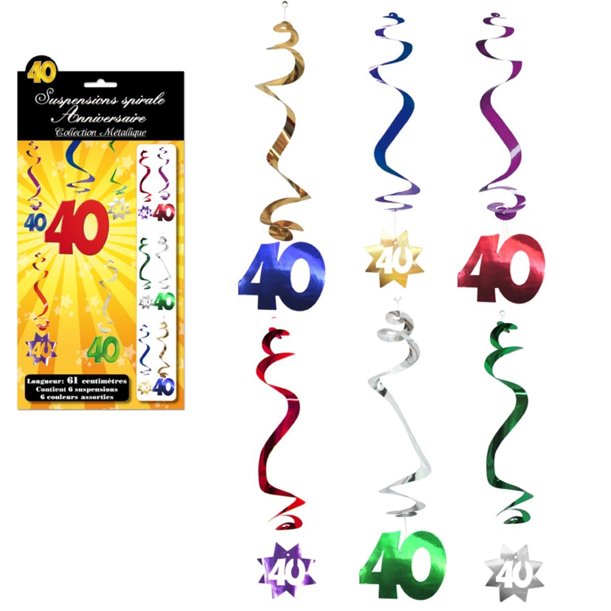 Lot de 6 suspensions spirales Anniversaire 40 ans - 61 cm - Multicolore