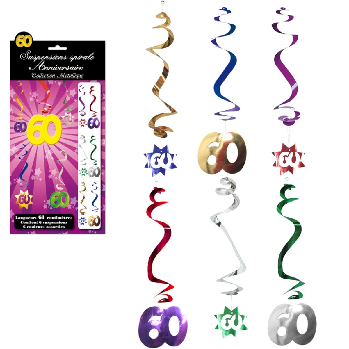 Lot de 6 suspensions spirales Anniversaire 60 ans - 61 cm - Multicolore