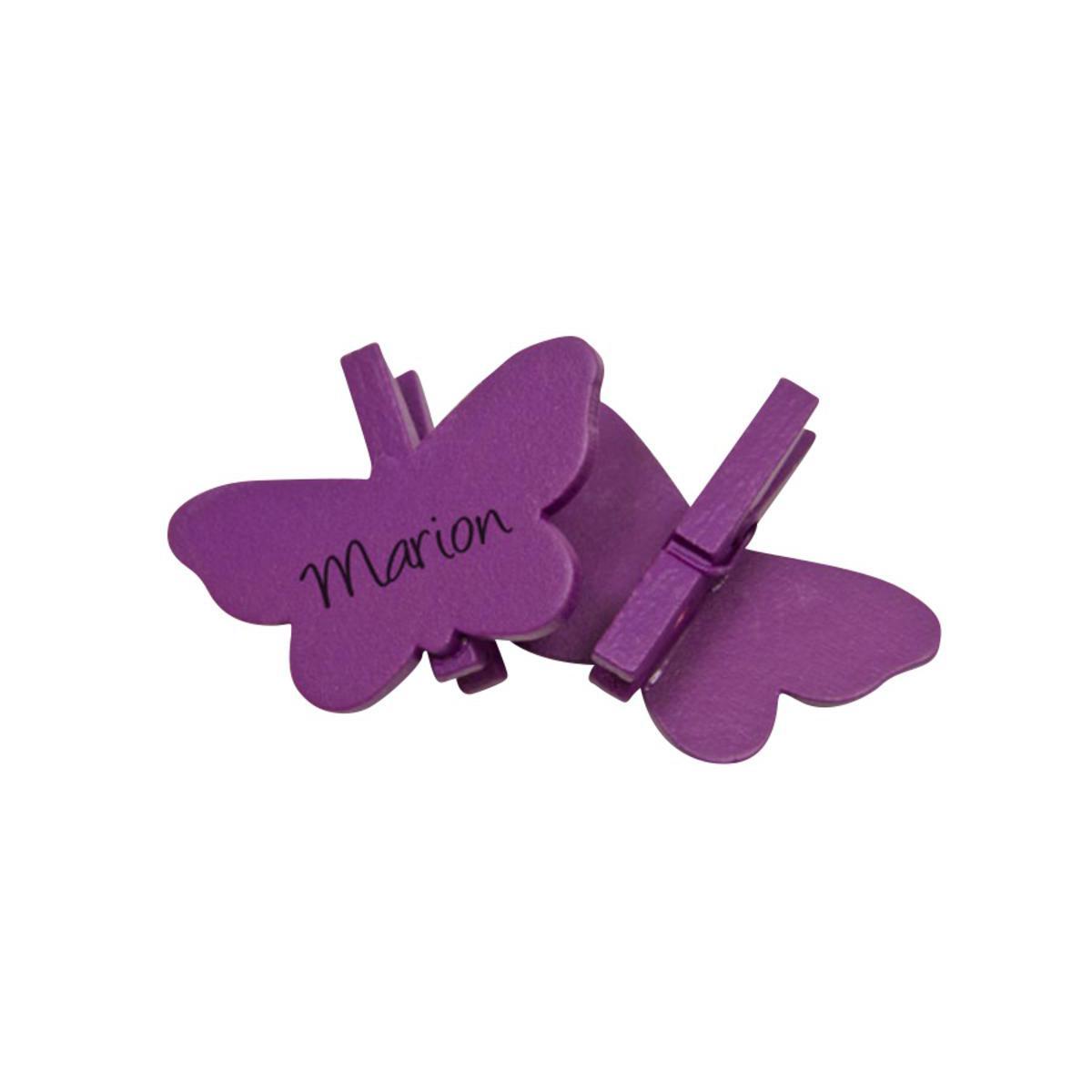 Lot de 6 marque-places papillon sur pince - Bois - 3 x 4 cm - Violet prune