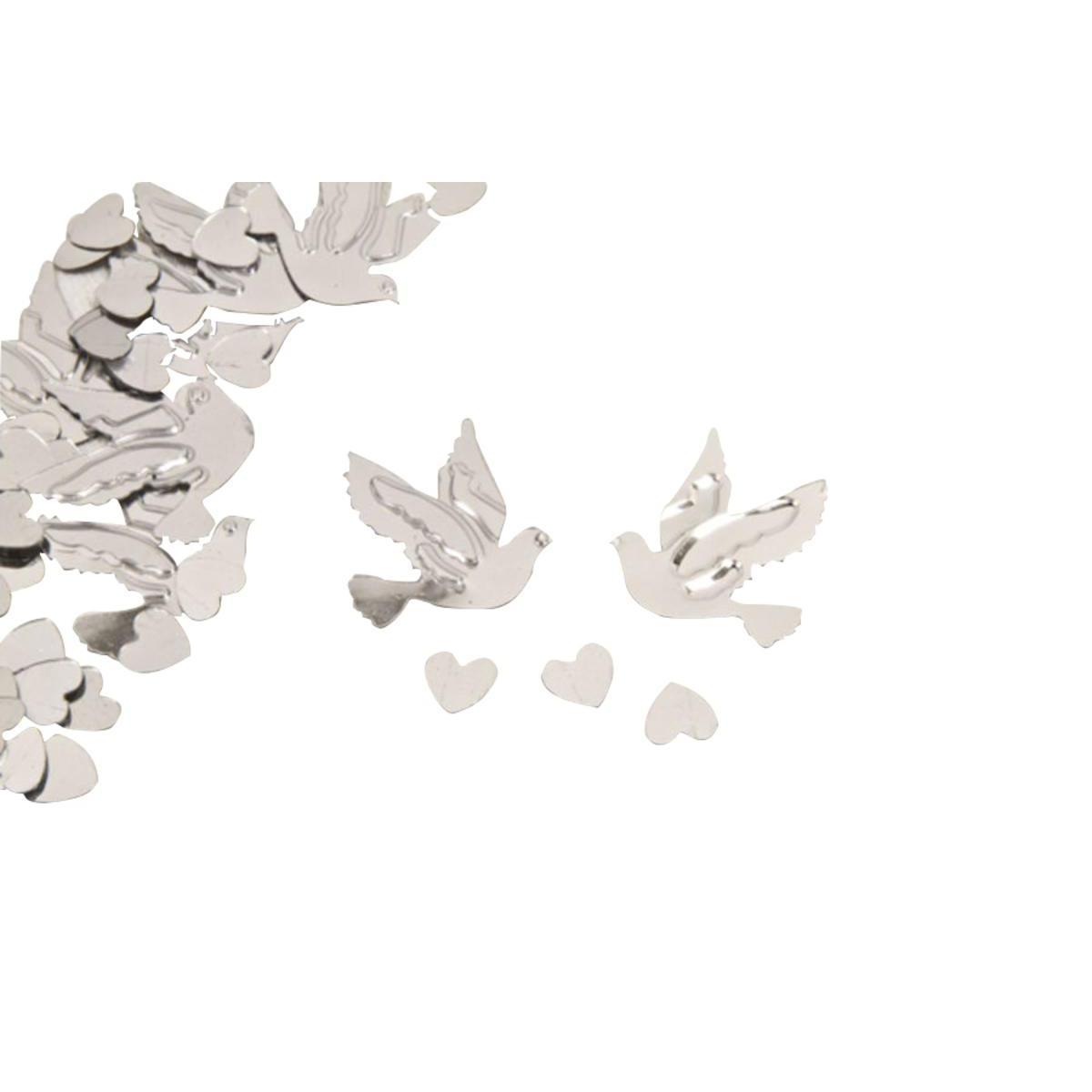 Confettis de table motifs colombes et cœurs - Plastique - 10 gr. - Gris argent