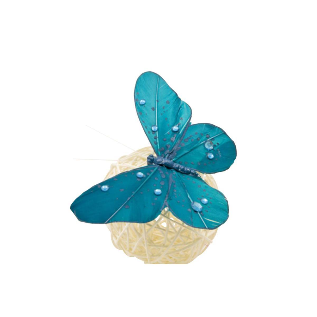Lot des 2 pinces papillons avec strass - Plumes - 15cm - Bleu turquoise