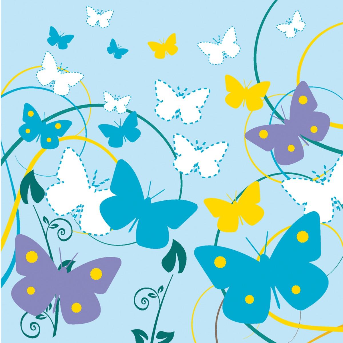 20 serviettes en papier triple épaisseur bleu - 33 x 33 cm - motif papillons
