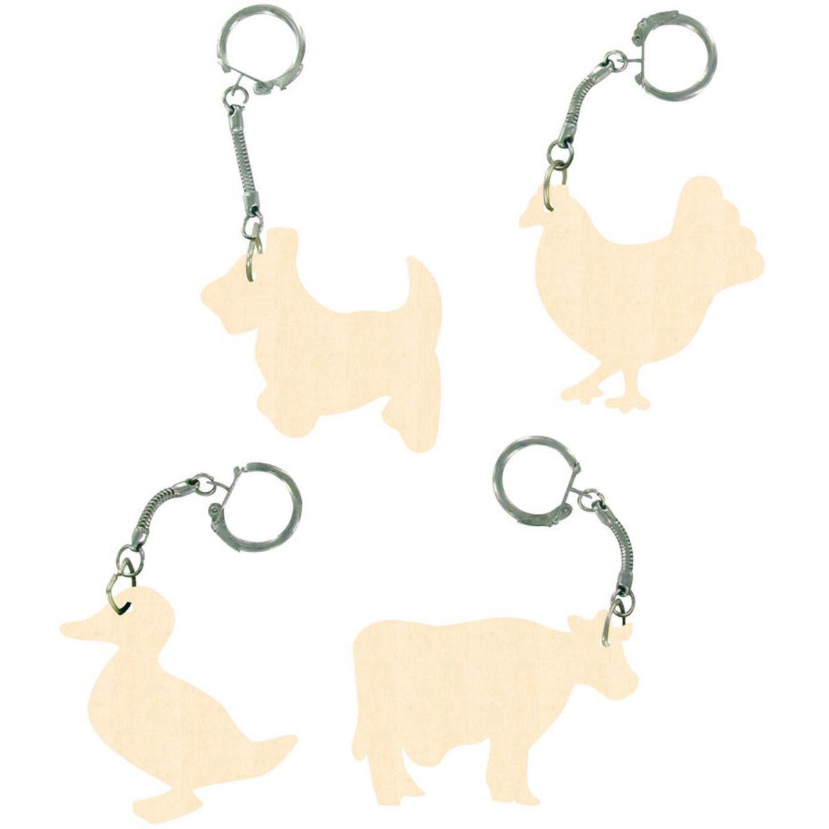 Lot de 4 porte-clefs animaux de la ferme - Bois - 7 cm - Beige