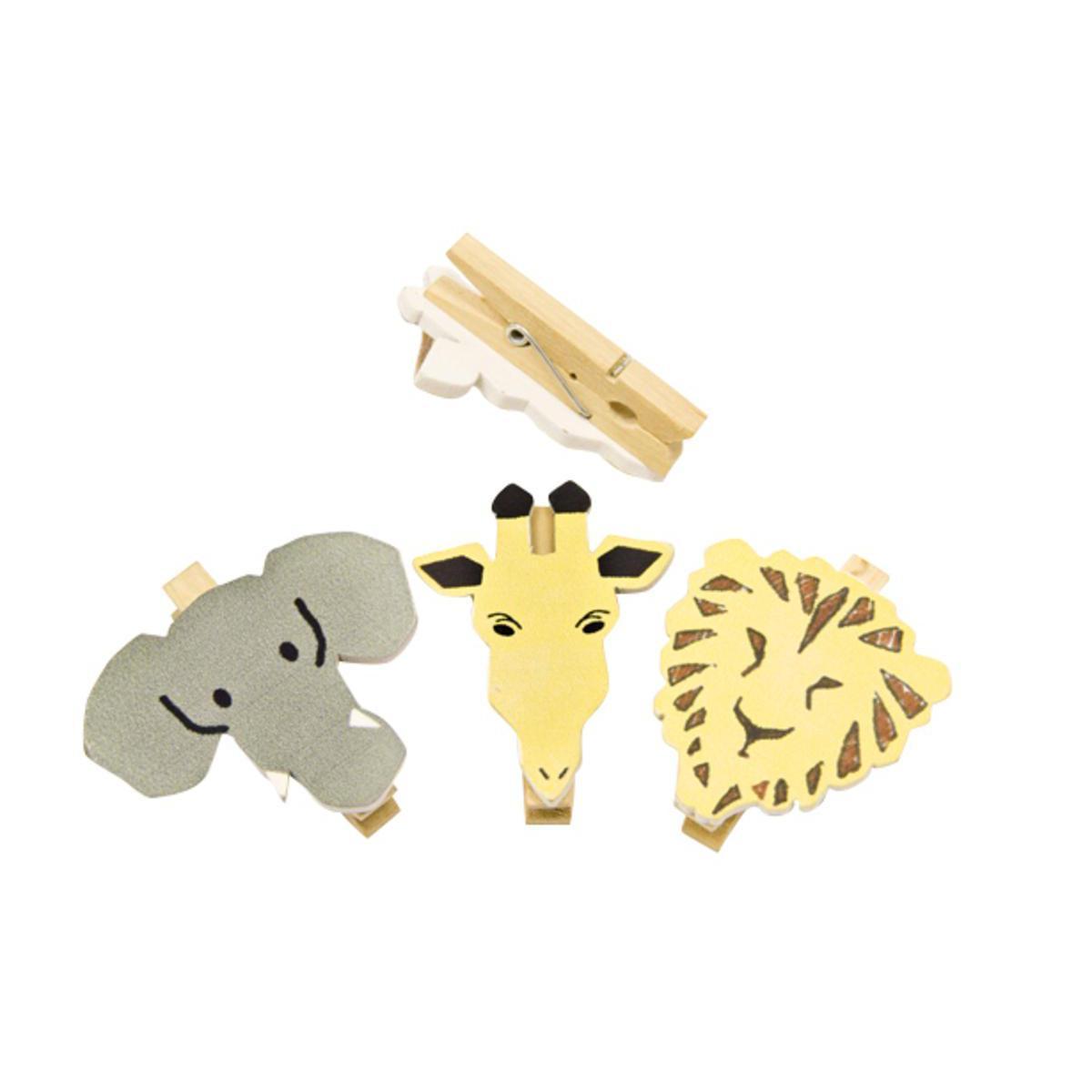 Lot de 6 animaux de la savane sur pince - Bois - 2 x 5 cm - Multicolor