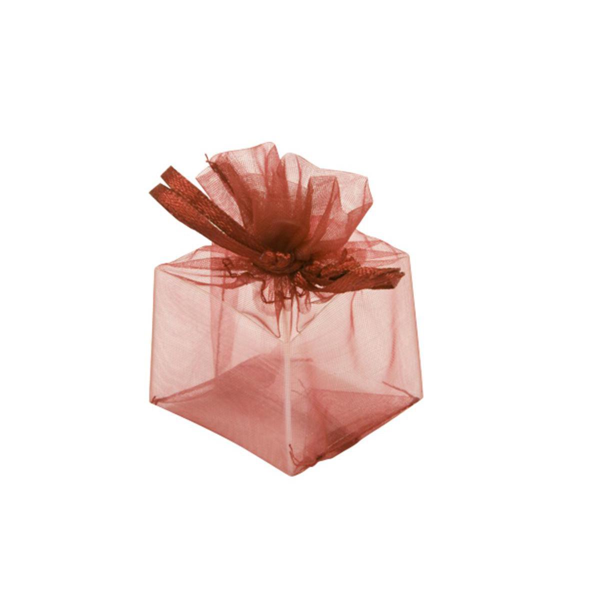 Carré transparent - Plastique et organza - 4 x 4 x 7 cm - Bordeaux